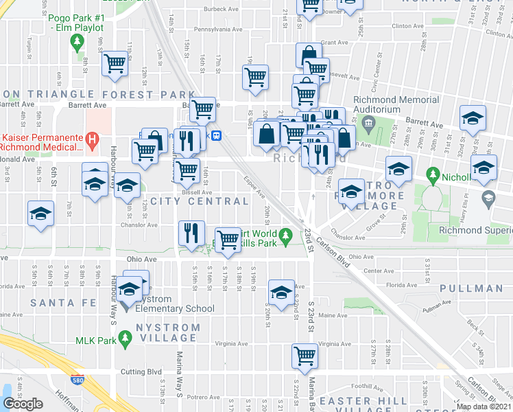 map of restaurants, bars, coffee shops, grocery stores, and more near 155 20th Street in Richmond