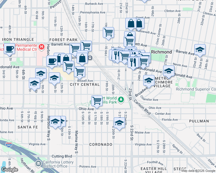 map of restaurants, bars, coffee shops, grocery stores, and more near 155 20th Street in Richmond