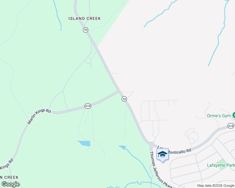 map of restaurants, bars, coffee shops, grocery stores, and more near 3605 Thomas Jefferson Parkway in Charlottesville