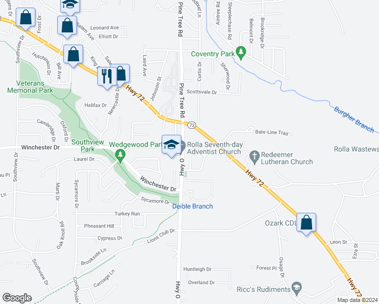 map of restaurants, bars, coffee shops, grocery stores, and more near 714 Republic Drive in Rolla