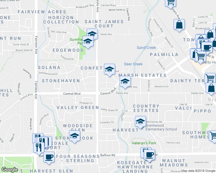map of restaurants, bars, coffee shops, grocery stores, and more near 895 Antelope Terrace in Brentwood