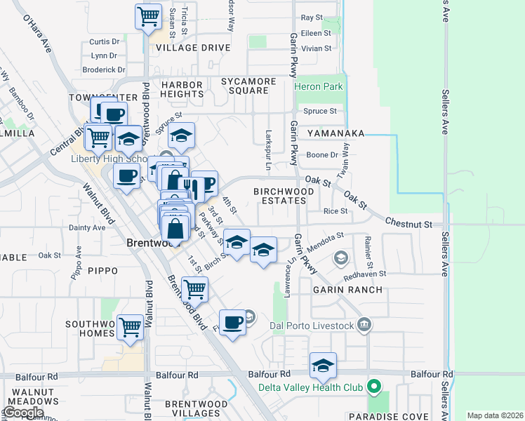 map of restaurants, bars, coffee shops, grocery stores, and more near 536 Birchwood Road in Brentwood