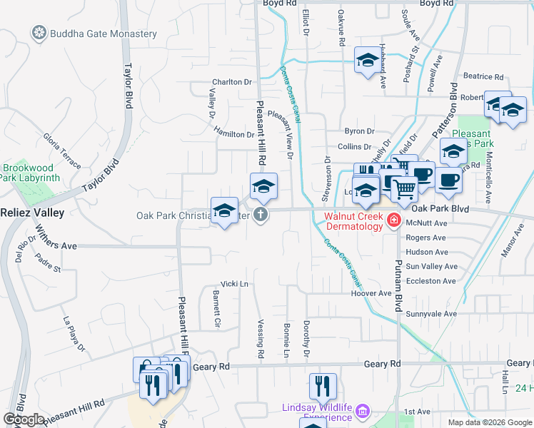 map of restaurants, bars, coffee shops, grocery stores, and more near 2057 Oak Park Boulevard in Pleasant Hill