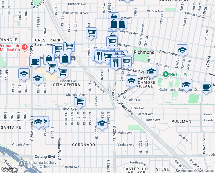 map of restaurants, bars, coffee shops, grocery stores, and more near 165 22nd St in Richmond