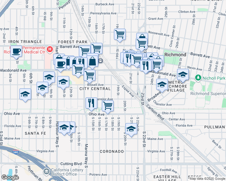 map of restaurants, bars, coffee shops, grocery stores, and more near 146 18th Street in Richmond