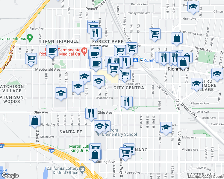 map of restaurants, bars, coffee shops, grocery stores, and more near 149 13th Street in Richmond