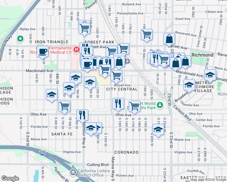 map of restaurants, bars, coffee shops, grocery stores, and more near 146 Marina Way in Richmond