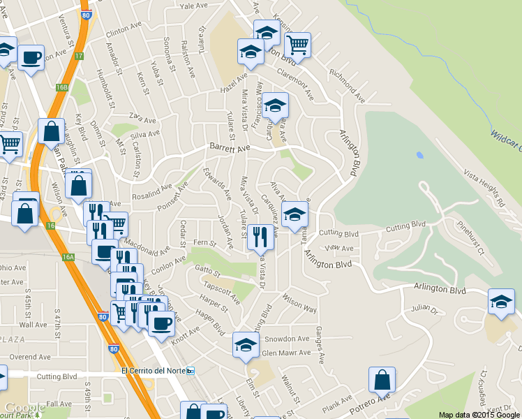 map of restaurants, bars, coffee shops, grocery stores, and more near 2412 Mira Vista Drive in El Cerrito