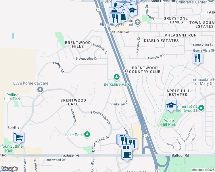map of restaurants, bars, coffee shops, grocery stores, and more near 365 Roundhill Drive in Brentwood