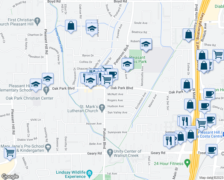 map of restaurants, bars, coffee shops, grocery stores, and more near 1885 Oak Park Boulevard in Pleasant Hill