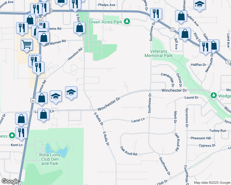 map of restaurants, bars, coffee shops, grocery stores, and more near 310 Victoria Lane in Rolla