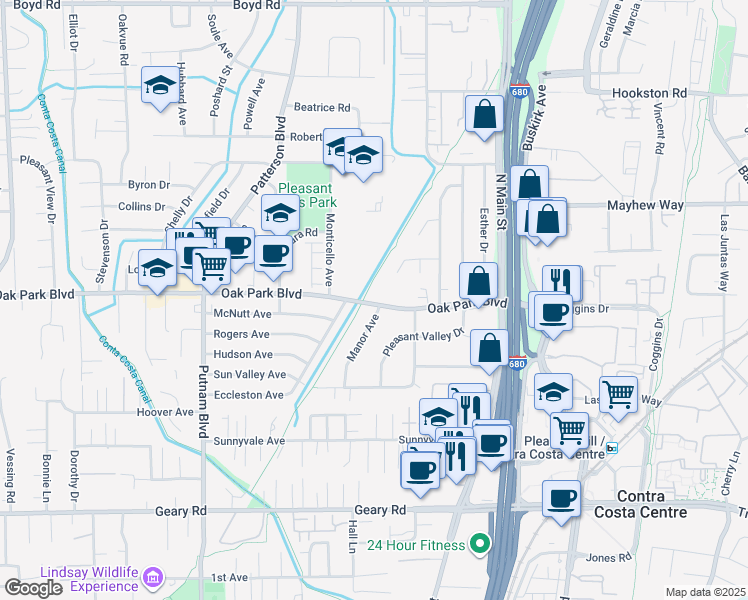 map of restaurants, bars, coffee shops, grocery stores, and more near 1660 Oak Park Boulevard in Pleasant Hill