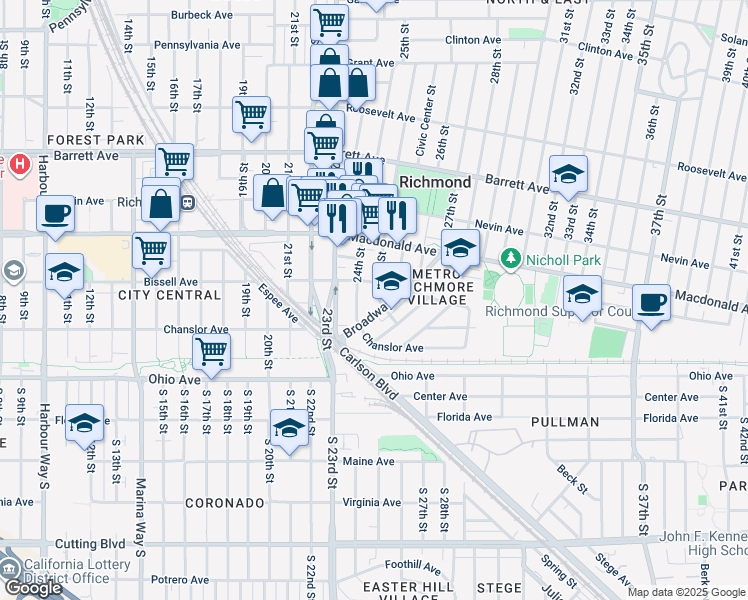 map of restaurants, bars, coffee shops, grocery stores, and more near 175 25th Street in Richmond