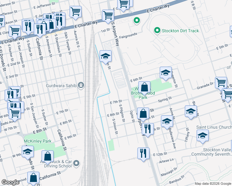 map of restaurants, bars, coffee shops, grocery stores, and more near 2007 South Pilgrim Street in Stockton