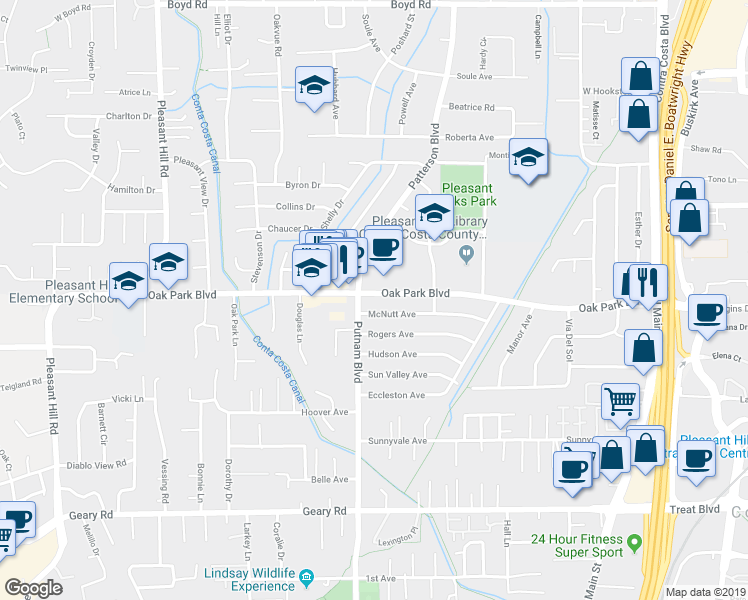 map of restaurants, bars, coffee shops, grocery stores, and more near 1885 Oak Park Boulevard in Pleasant Hill