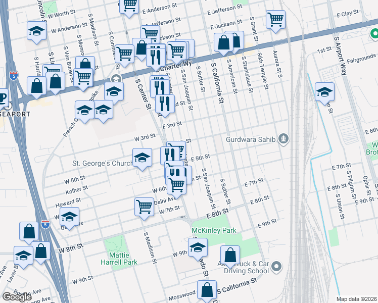 map of restaurants, bars, coffee shops, grocery stores, and more near 1835 South San Joaquin Street in Stockton
