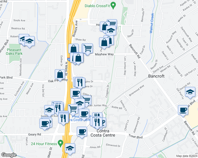 map of restaurants, bars, coffee shops, grocery stores, and more near 225 Coggins Drive in Pleasant Hill