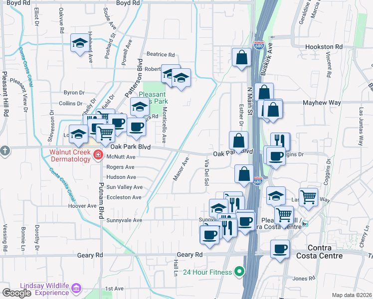map of restaurants, bars, coffee shops, grocery stores, and more near 1660 Oak Park Boulevard in Pleasant Hill