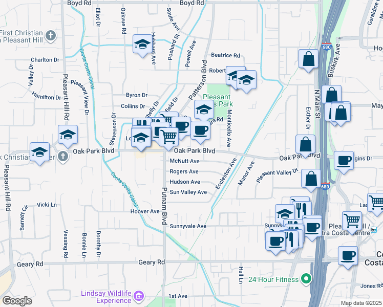 map of restaurants, bars, coffee shops, grocery stores, and more near 1835 Oak Park Boulevard in Pleasant Hill