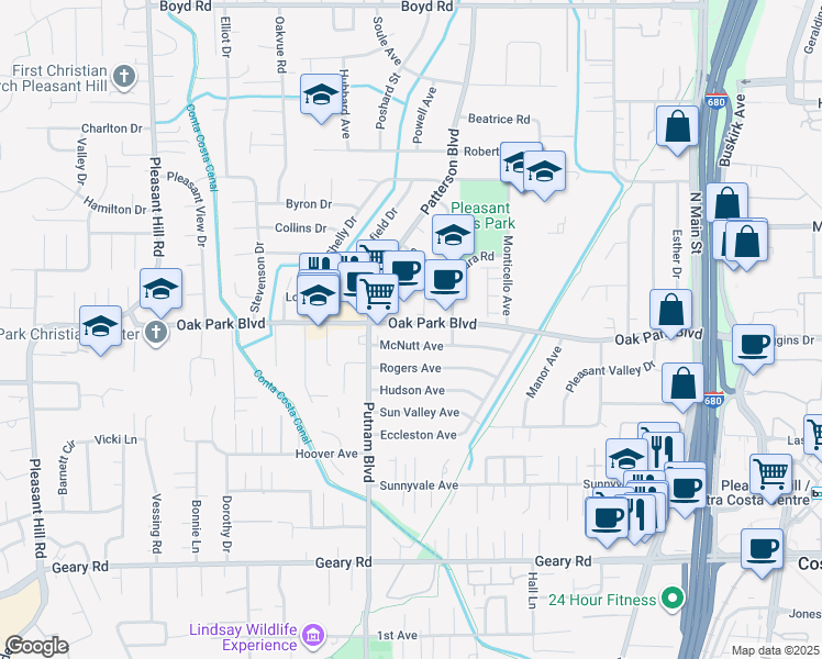 map of restaurants, bars, coffee shops, grocery stores, and more near 1835 Oak Park Boulevard in Pleasant Hill