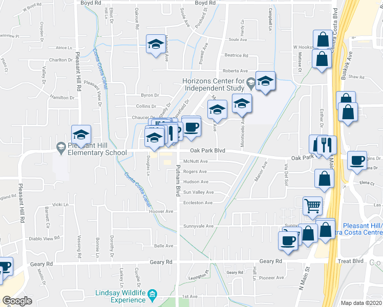 map of restaurants, bars, coffee shops, grocery stores, and more near 1885 Oak Park Boulevard in Pleasant Hill