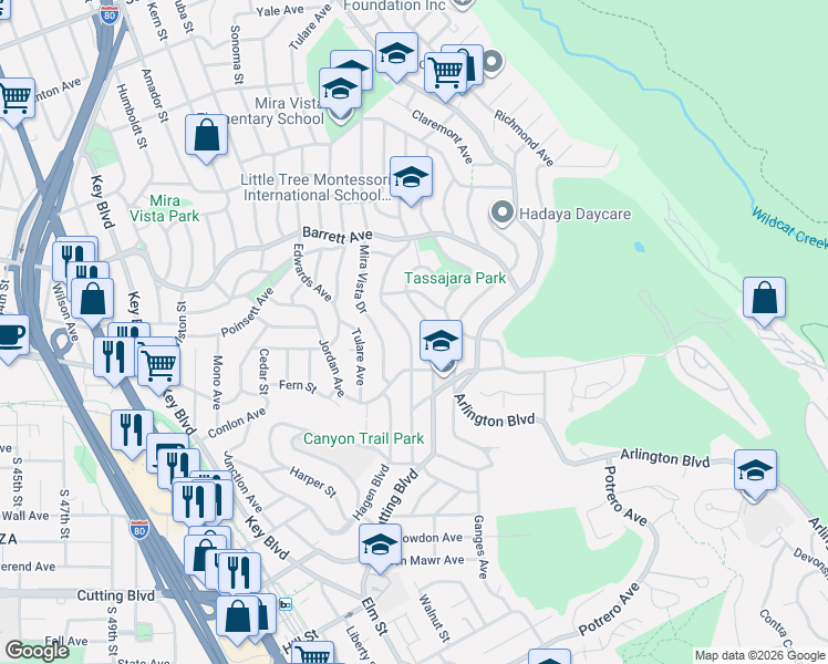 map of restaurants, bars, coffee shops, grocery stores, and more near 2335 Alva Avenue in El Cerrito
