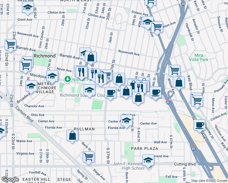 map of restaurants, bars, coffee shops, grocery stores, and more near 3700 Macdonald Avenue in Richmond