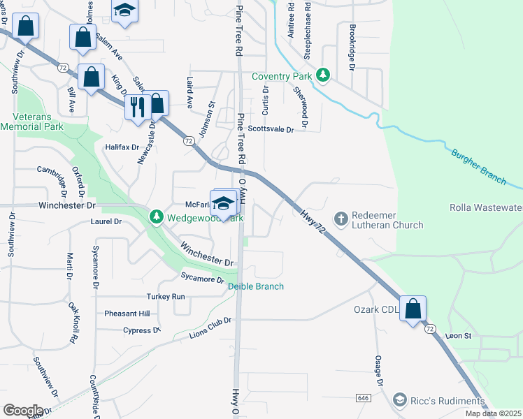 map of restaurants, bars, coffee shops, grocery stores, and more near 714 Republic Drive in Rolla