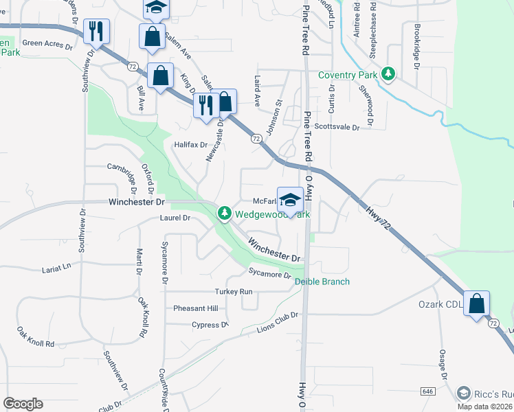 map of restaurants, bars, coffee shops, grocery stores, and more near 10 McFarland Drive in Rolla