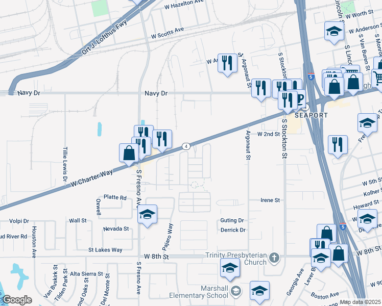 map of restaurants, bars, coffee shops, grocery stores, and more near 1608 Moss Garden Avenue in Stockton