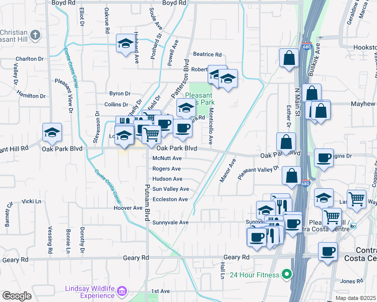 map of restaurants, bars, coffee shops, grocery stores, and more near 1795 Oak Park Boulevard in Pleasant Hill