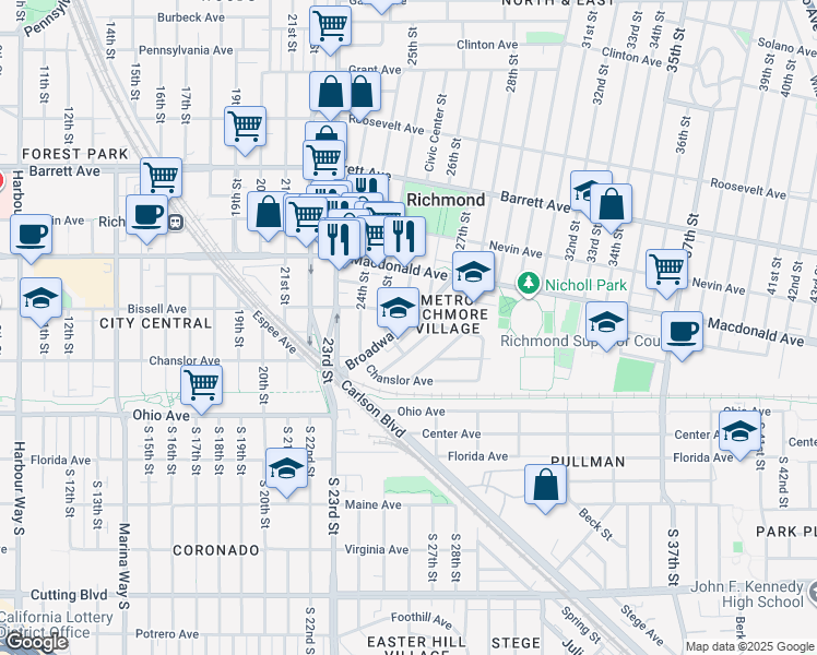 map of restaurants, bars, coffee shops, grocery stores, and more near 186 Broadway in Richmond