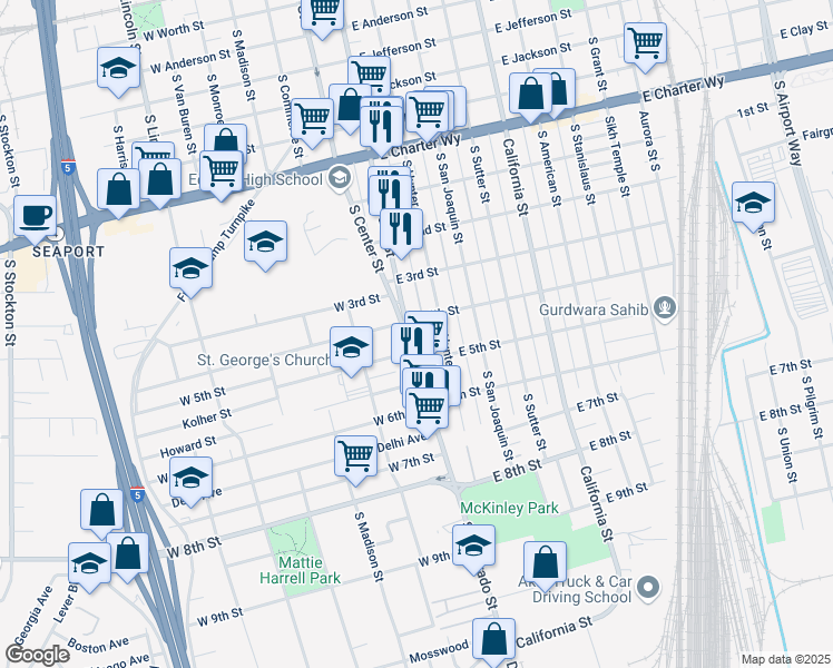 map of restaurants, bars, coffee shops, grocery stores, and more near 1820 El Dorado Street in Stockton