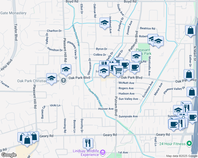 map of restaurants, bars, coffee shops, grocery stores, and more near 1953 Oak Park Boulevard in Pleasant Hill