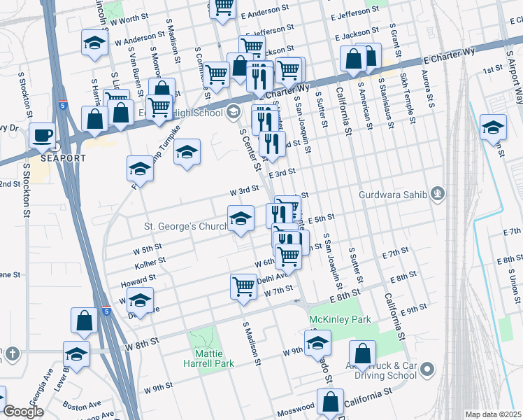 map of restaurants, bars, coffee shops, grocery stores, and more near 26 West 4th Street in Stockton