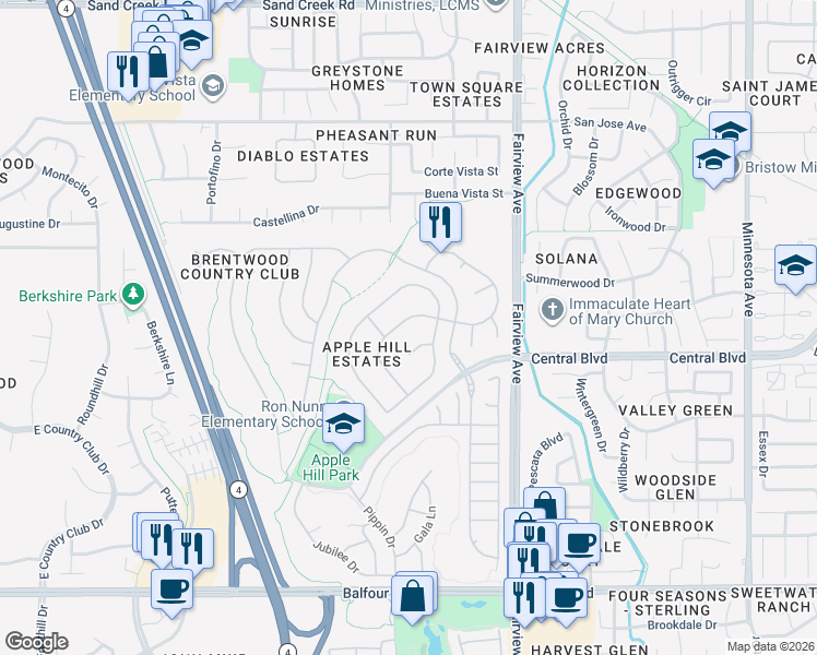 map of restaurants, bars, coffee shops, grocery stores, and more near 645 Devonshire Loop in Brentwood