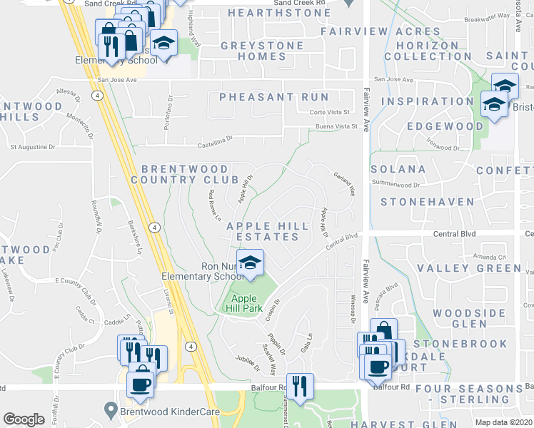 map of restaurants, bars, coffee shops, grocery stores, and more near 665 Rutherford Circle in Brentwood