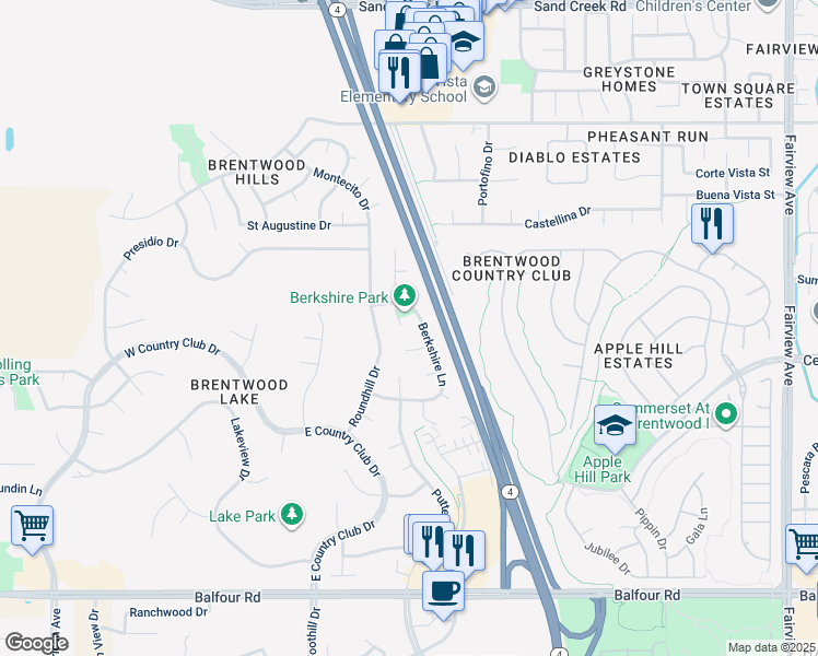 map of restaurants, bars, coffee shops, grocery stores, and more near 864 Lindrick Court in Brentwood