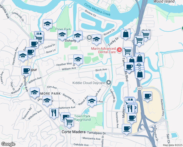 map of restaurants, bars, coffee shops, grocery stores, and more near 5 Cheyenne Way in Corte Madera