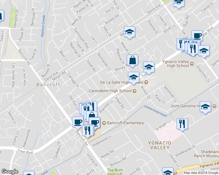 map of restaurants, bars, coffee shops, grocery stores, and more near 1540 Arkell Road in Walnut Creek