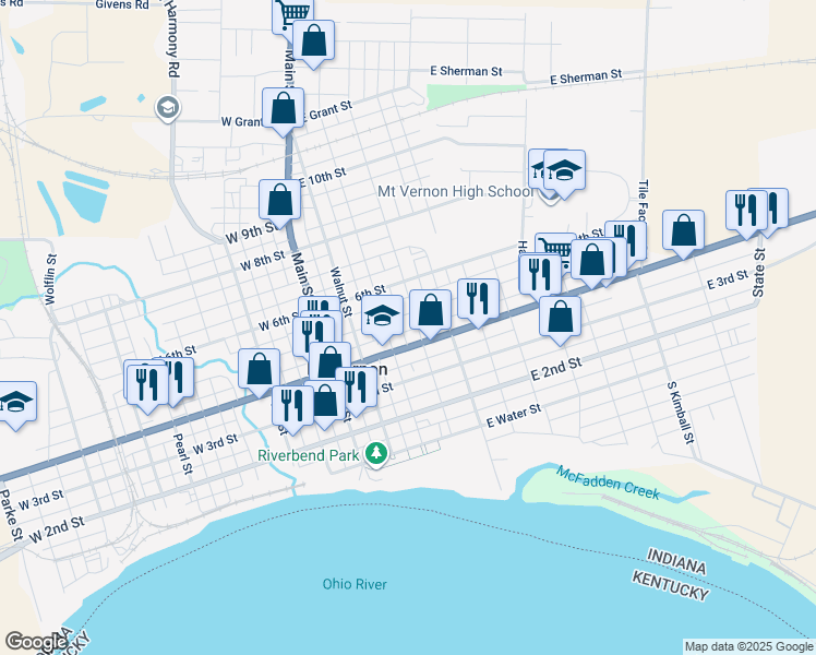 map of restaurants, bars, coffee shops, grocery stores, and more near 421 Locust St in Mt Vernon