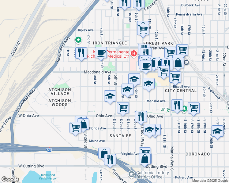 map of restaurants, bars, coffee shops, grocery stores, and more near 157 6th Street in Richmond