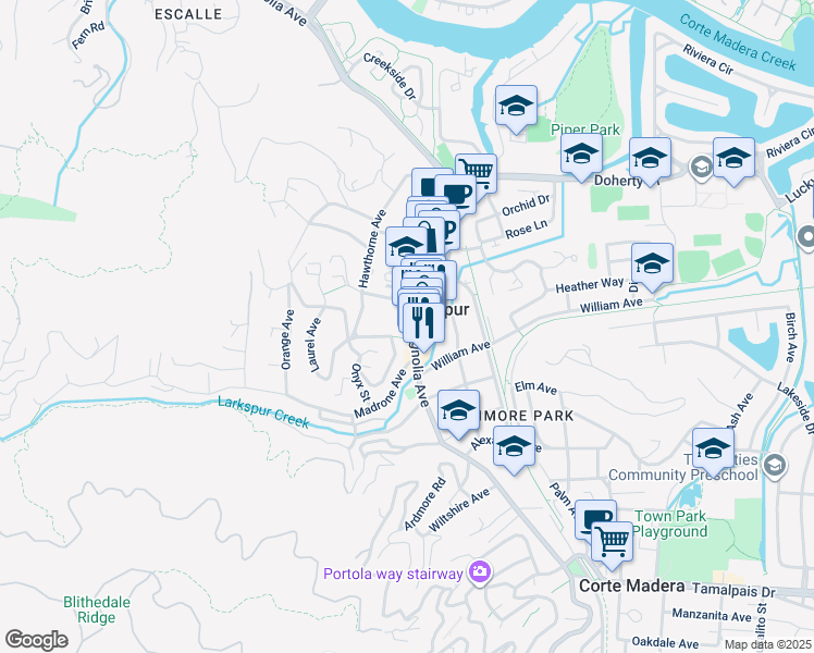 map of restaurants, bars, coffee shops, grocery stores, and more near 289 Magnolia Avenue in Larkspur