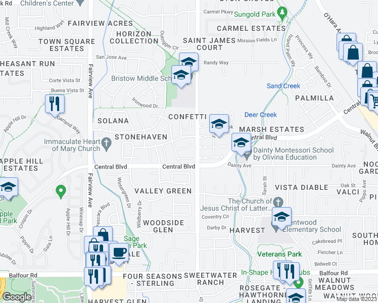 map of restaurants, bars, coffee shops, grocery stores, and more near 1032 Twinbridge Court in Brentwood