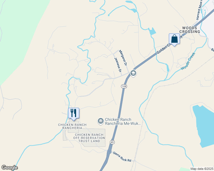 map of restaurants, bars, coffee shops, grocery stores, and more near 17141 Chicken Ranch Rd in Jamestown