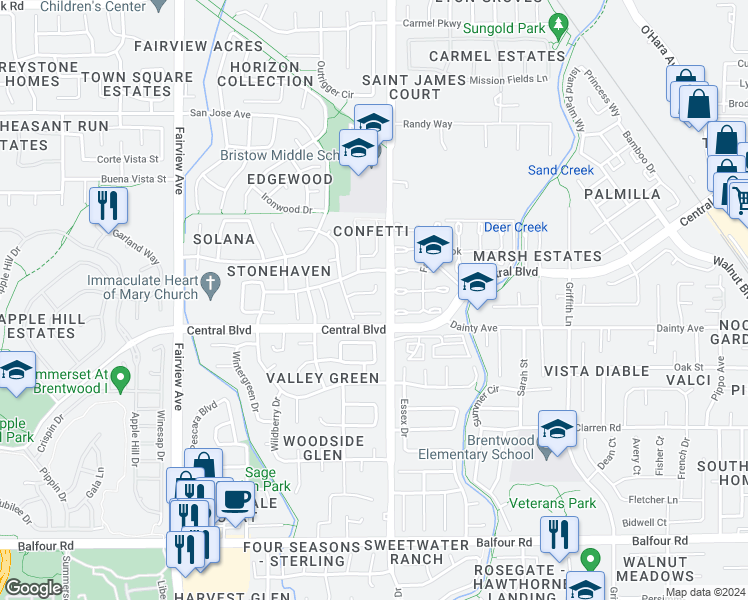 map of restaurants, bars, coffee shops, grocery stores, and more near 1032 Twinbridge Court in Brentwood