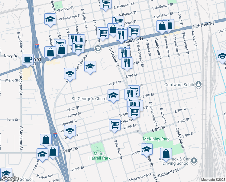 map of restaurants, bars, coffee shops, grocery stores, and more near 1771 South Commerce Street in Stockton