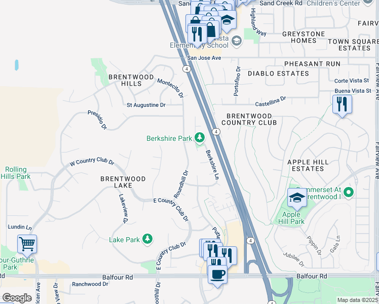 map of restaurants, bars, coffee shops, grocery stores, and more near 366 Roundhill Drive in Brentwood