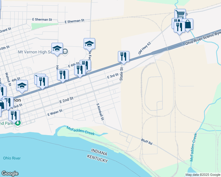 map of restaurants, bars, coffee shops, grocery stores, and more near 150 N Edson St in Mt Vernon