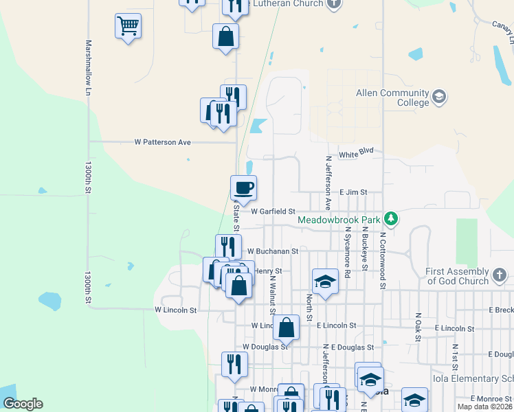 map of restaurants, bars, coffee shops, grocery stores, and more near 220 West Garfield Street in Iola